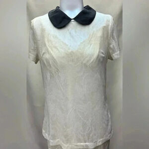 Wendy Katlen Peter Pan Collar Lace Cream Black Blouse Short Sleeves size Small